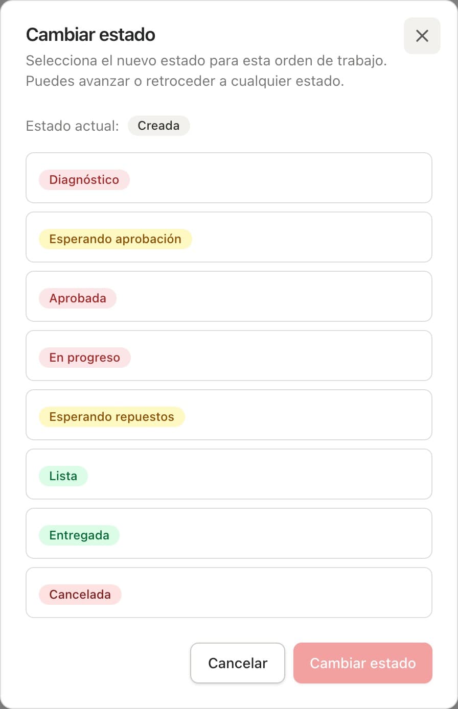 Modal Cambiar estado con la lista de estados por los que pasa una orden