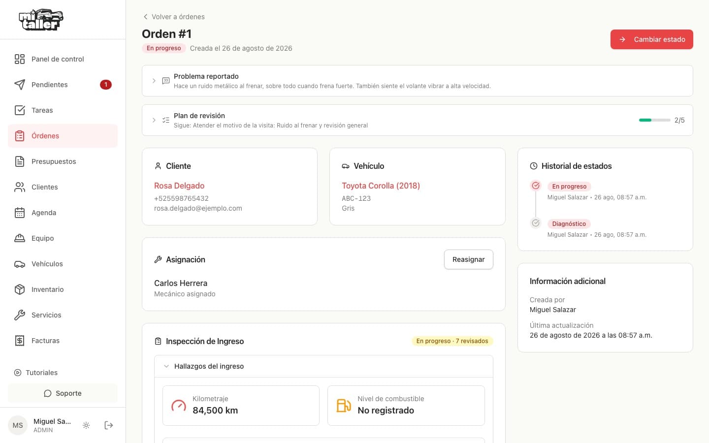 Orden en progreso con el mecánico asignado y el historial de estados a la derecha