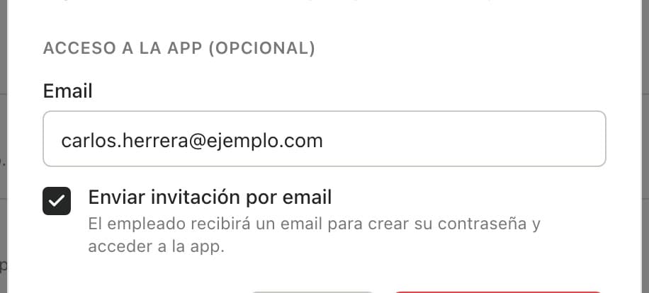Sección Acceso a la app con el email cargado y la casilla Enviar invitación por email marcada