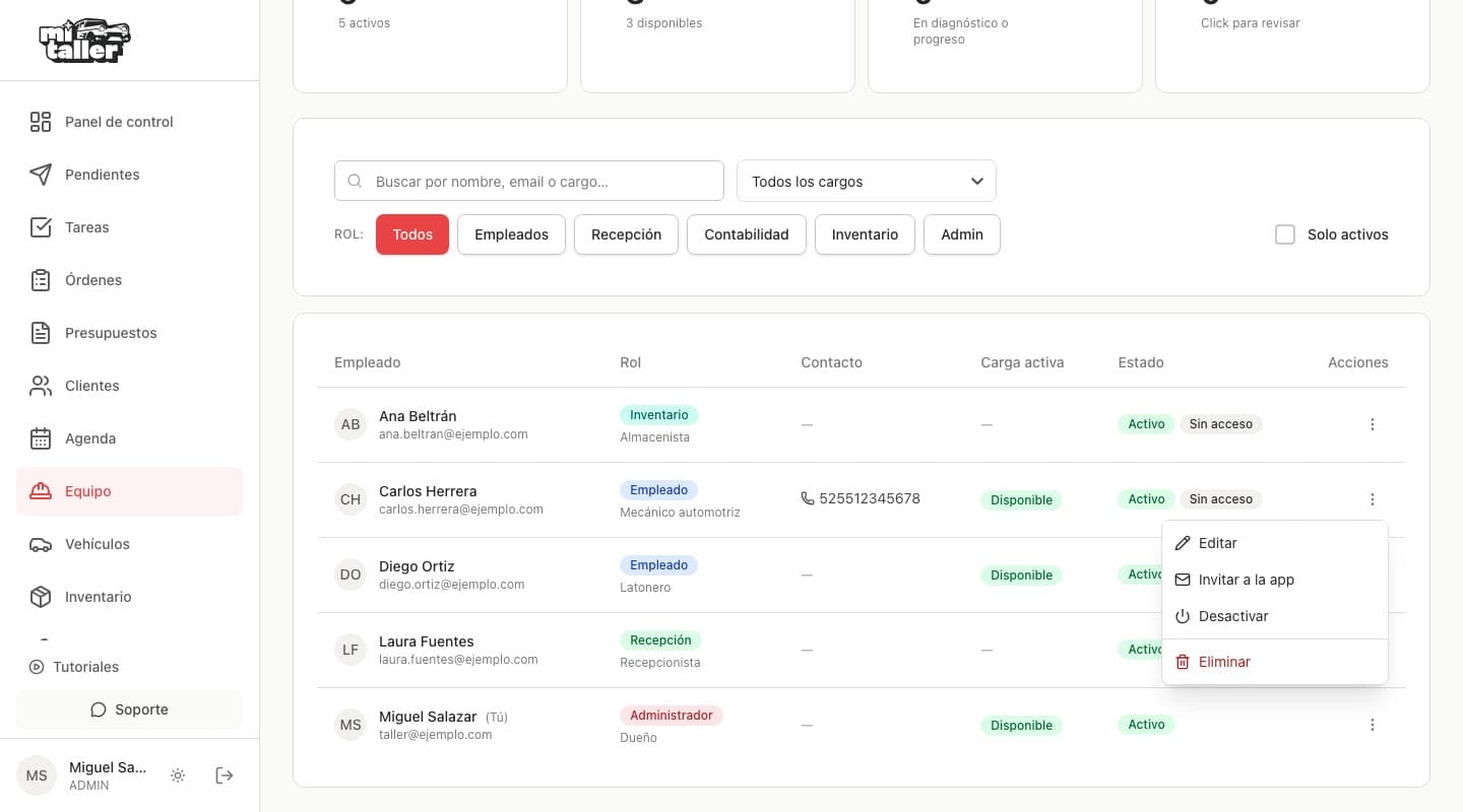 Menú de acciones abierto sobre un empleado, con Editar, Invitar a la app, Desactivar y Eliminar