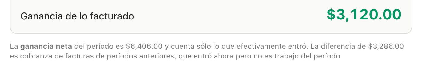 Renglón que compara la ganancia neta con la ganancia de lo facturado y explica que la diferencia es cobranza de períodos anteriores