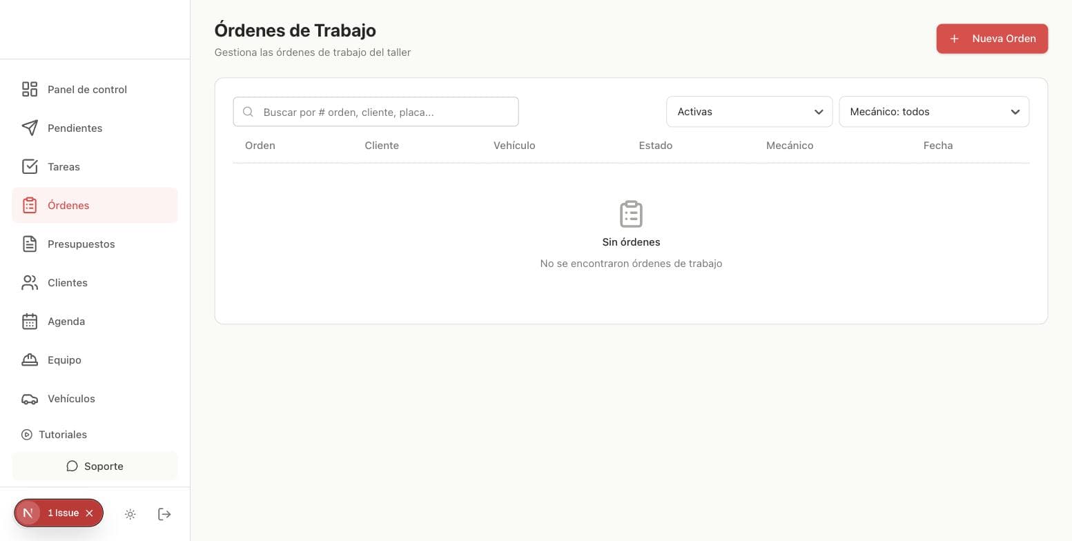 Listado de órdenes de trabajo vacío, con el botón Nueva Orden arriba a la derecha