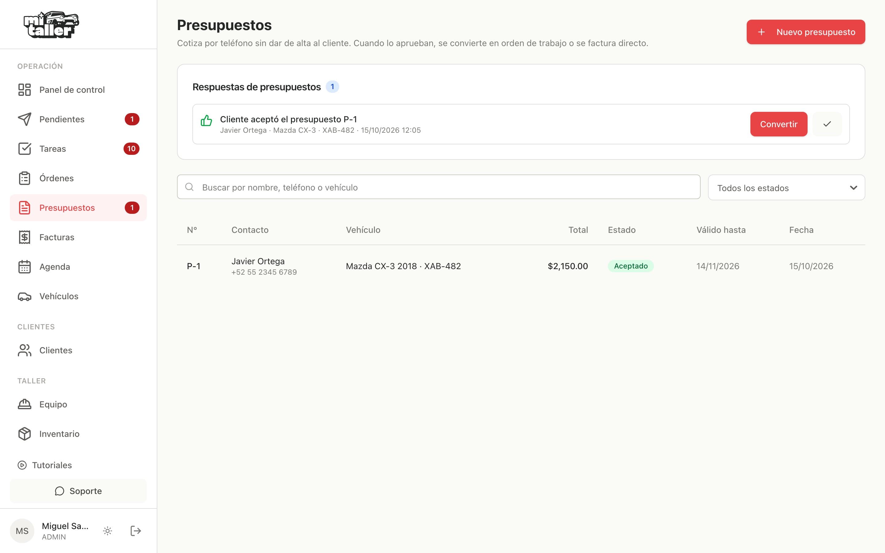 Pantalla Presupuestos con una respuesta de cliente arriba y el listado con un presupuesto aceptado