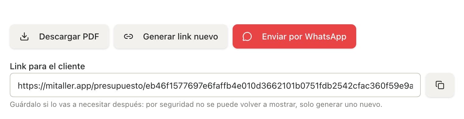 Botones Descargar PDF, Generar link nuevo y Enviar por WhatsApp con el link para el cliente debajo