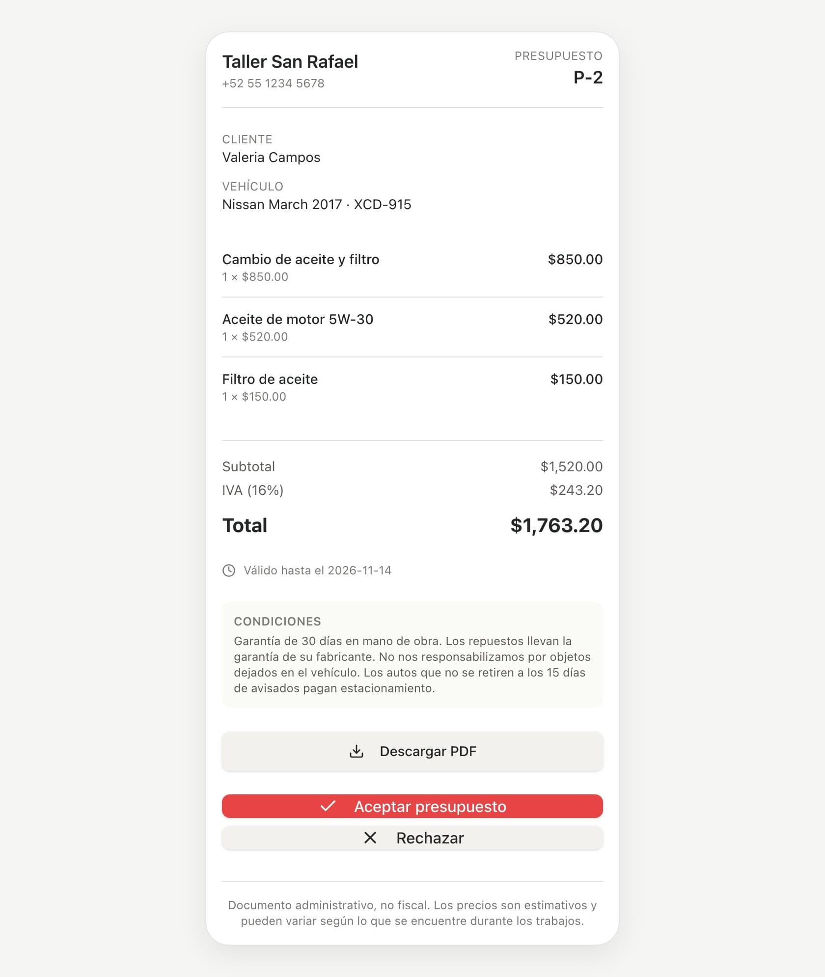 Presupuesto abierto en el celular del cliente con los trabajos, el total y los botones Aceptar presupuesto y Rechazar