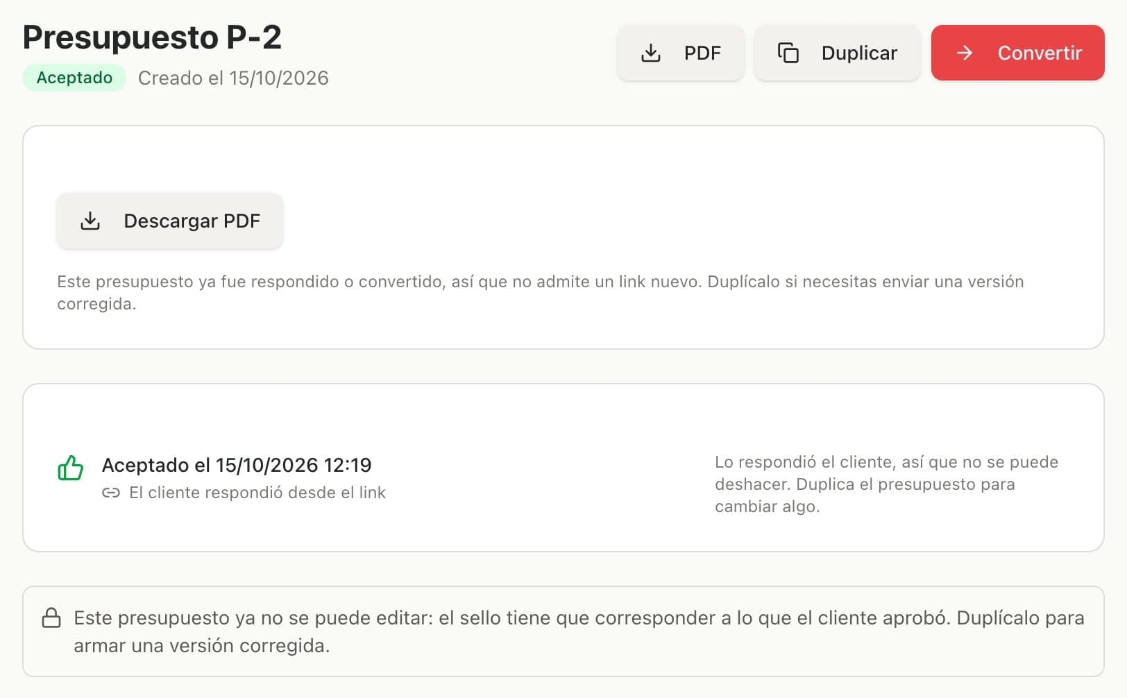 Presupuesto aceptado por el cliente desde el link, con el aviso de que ya no se puede editar y los botones Duplicar y Convertir
