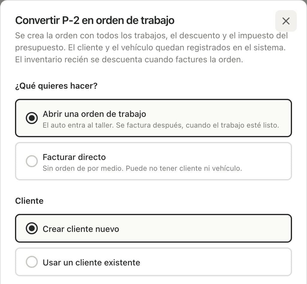 Ventana Convertir en orden de trabajo con las opciones Abrir una orden de trabajo y Facturar directo