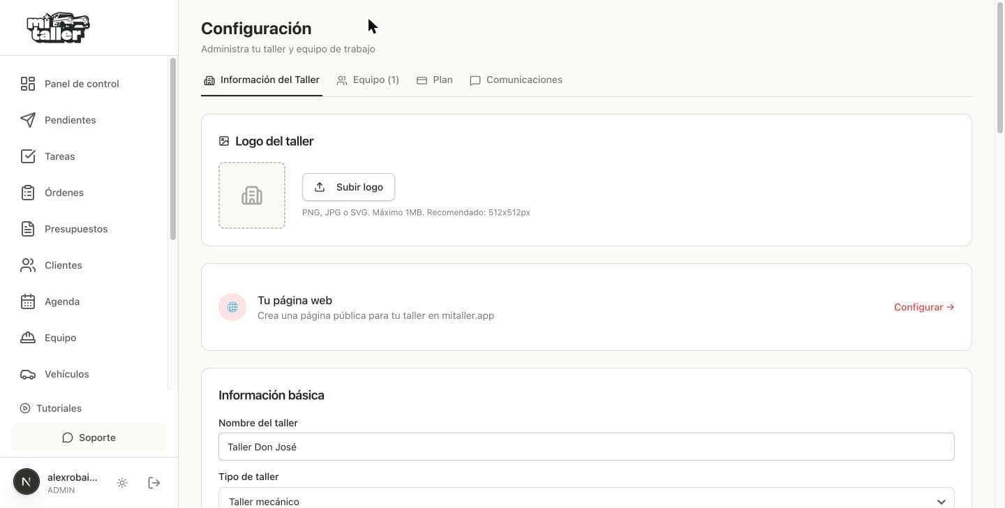 Pestaña Información del Taller con el logo y el nombre del taller