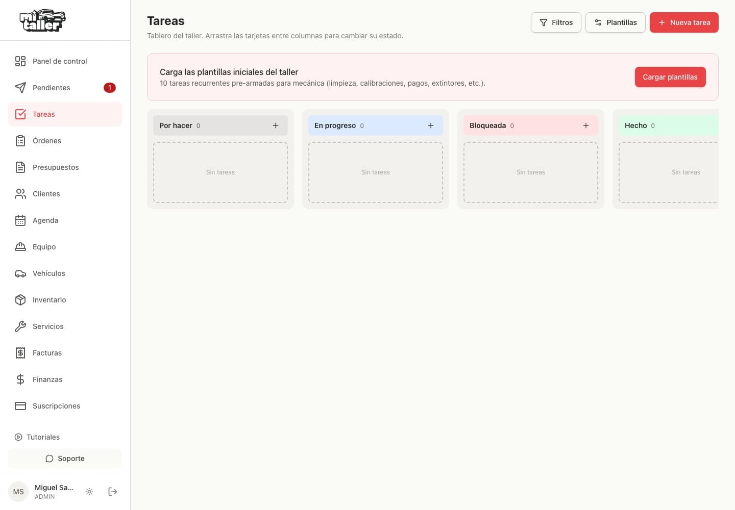 Tablero de tareas vacío con la oferta de cargar las plantillas iniciales del taller