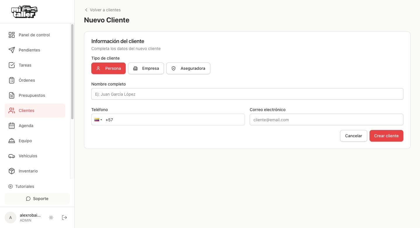 Formulario de nuevo cliente con los tipos Persona, Empresa y Aseguradora