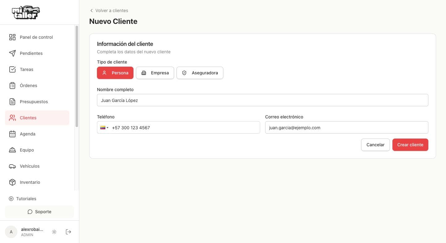 Formulario de cliente con el nombre, el teléfono y el correo completos