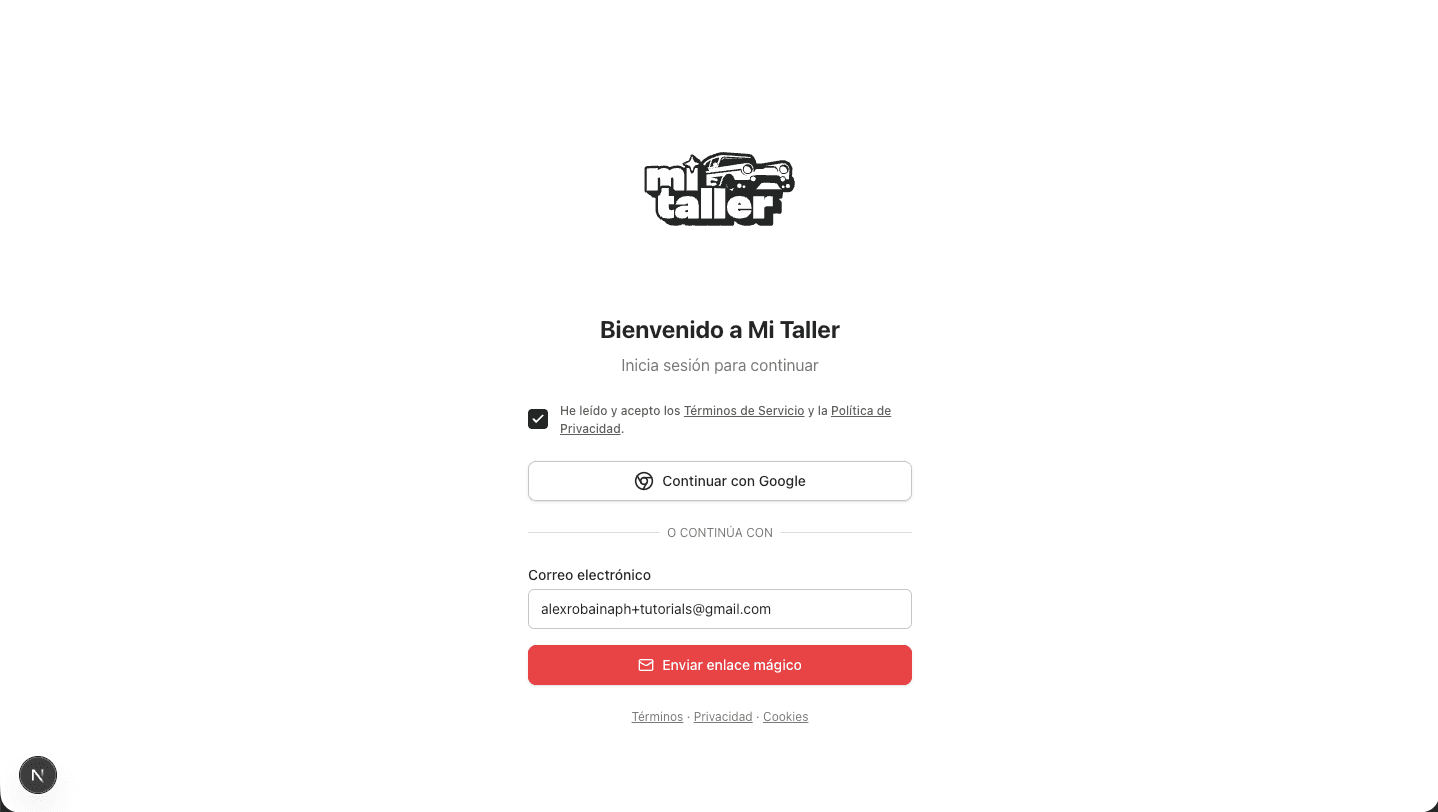 Casilla de términos marcada, correo escrito y el botón Enviar enlace mágico activo