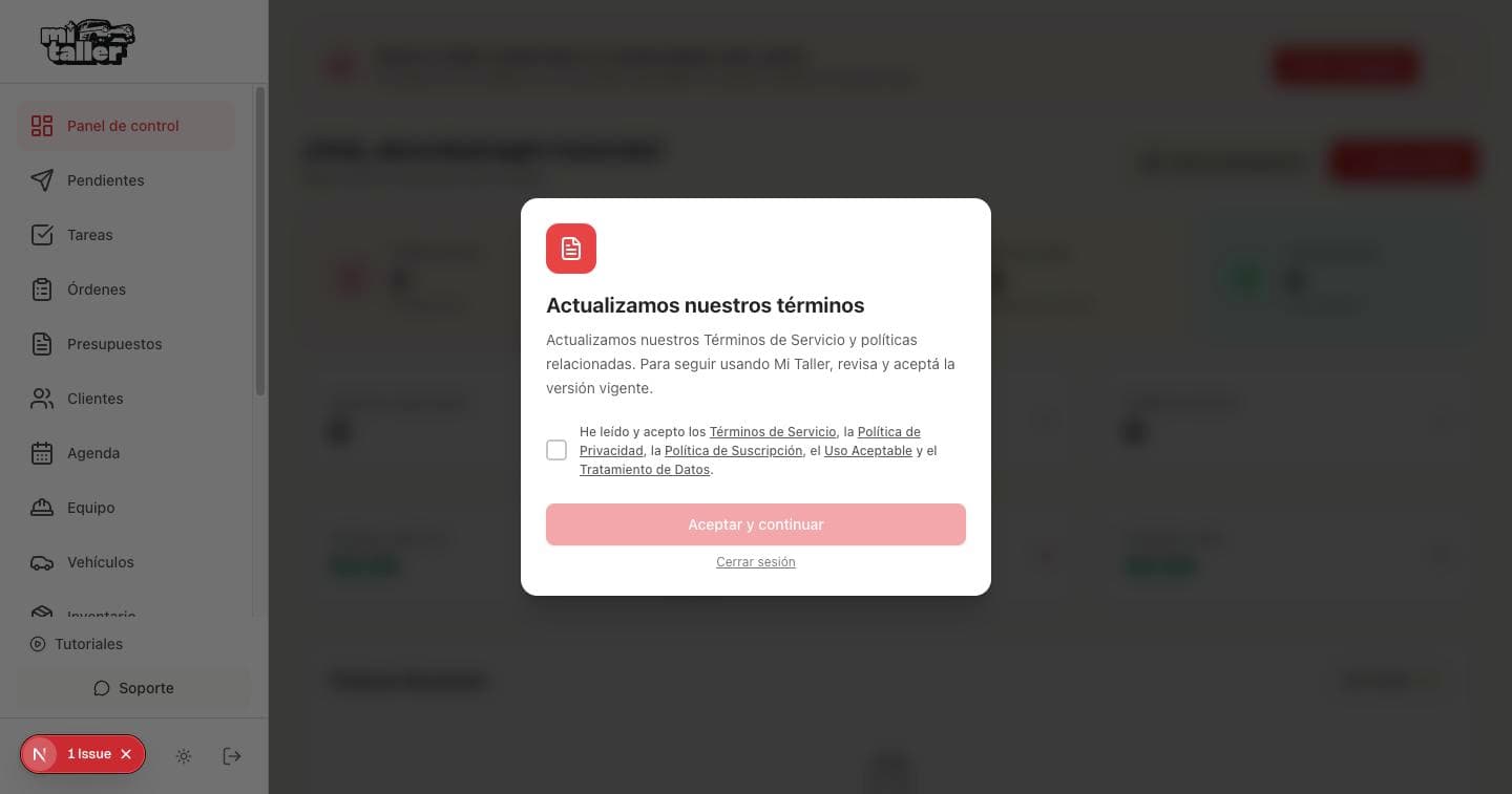 Ventana «Actualizamos nuestros términos» sobre el panel de control