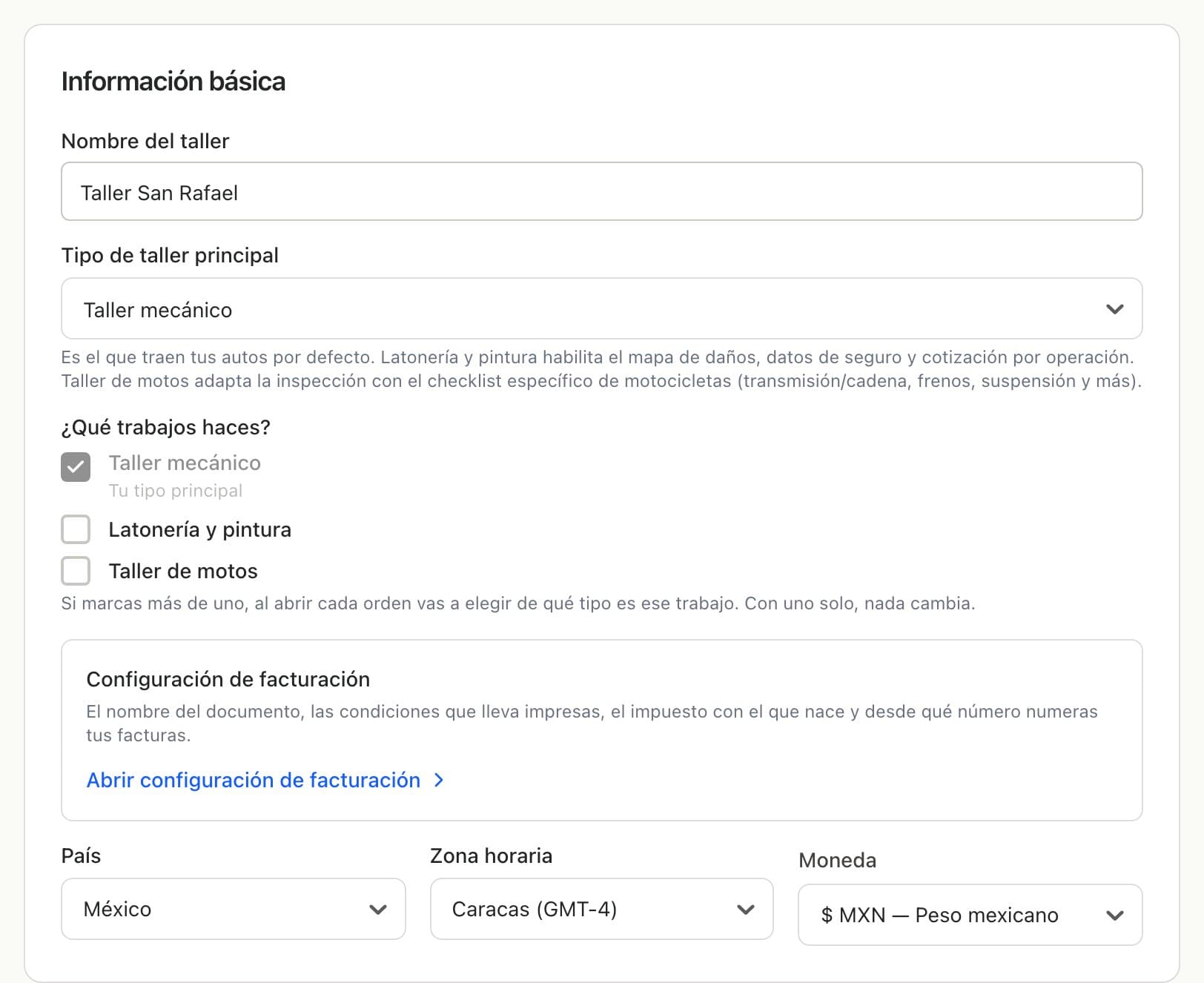 Información básica en Ajustes con el recuadro Configuración de facturación y su enlace