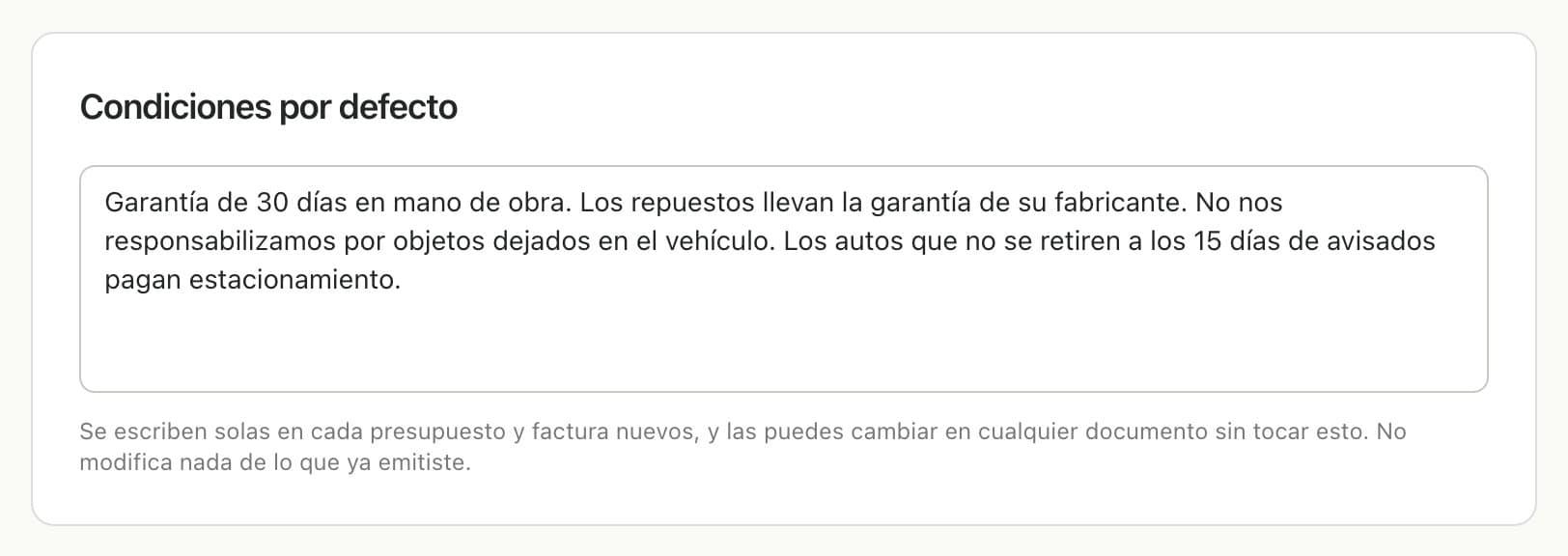 Condiciones por defecto con el texto de garantía y estacionamiento cargado