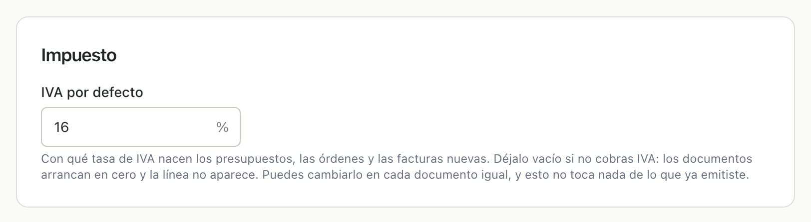 Tarjeta Impuesto con el 16% cargado como tasa por defecto