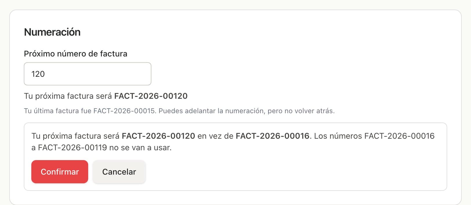 Numeración con el próximo número 120 y la confirmación que avisa qué números no se van a usar