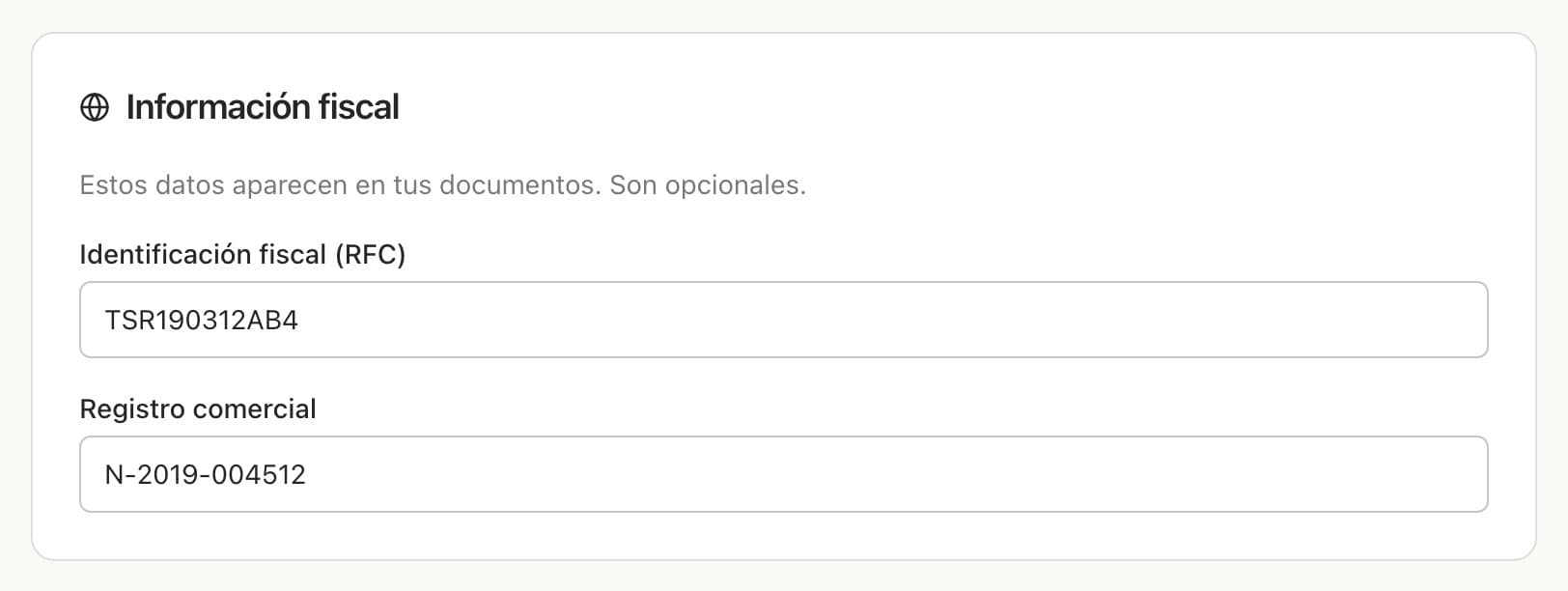 Información fiscal en Ajustes con la identificación fiscal RFC y el registro comercial cargados