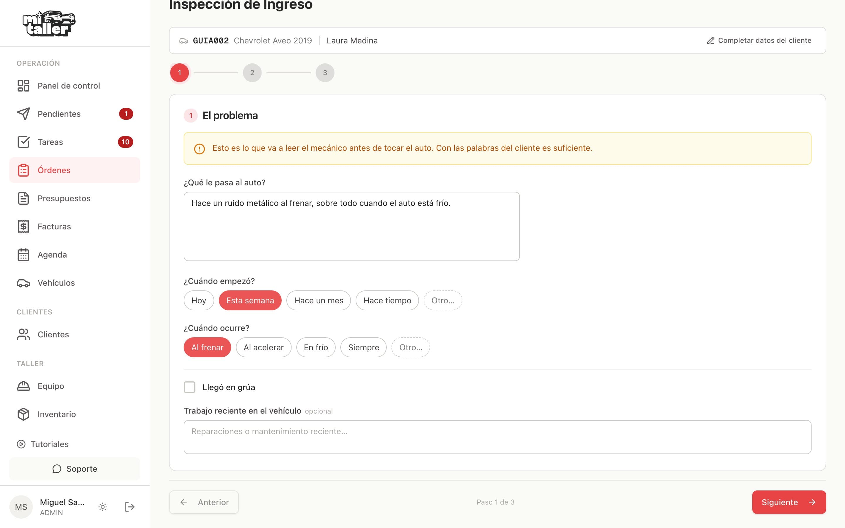 Paso El problema, con la descripción del cliente y las opciones de cuándo empezó y cuándo ocurre