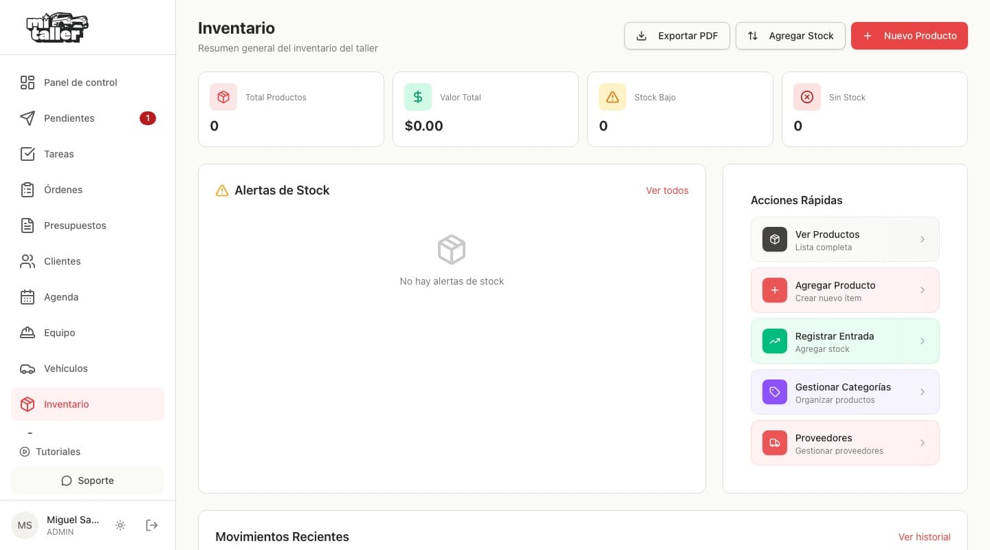 Resumen de Inventario en cero, sin productos ni movimientos