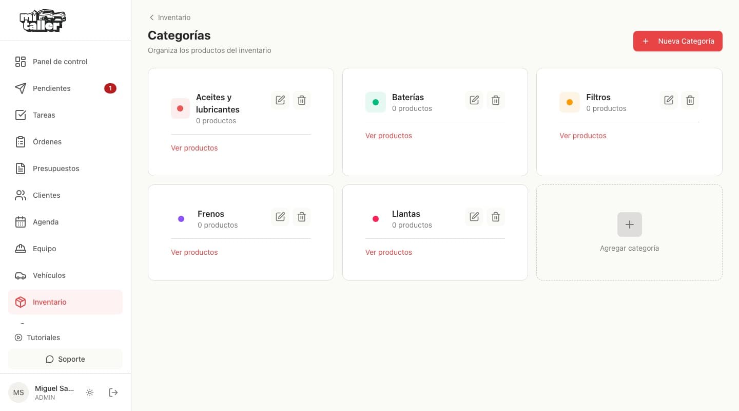 Listado de categorías de inventario del taller con cinco categorías creadas
