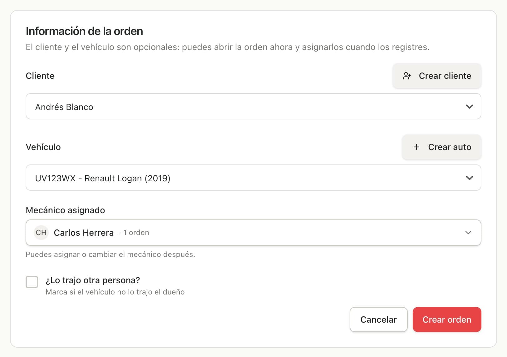 Formulario de nueva orden con el cliente, su vehículo y el mecánico asignado elegidos