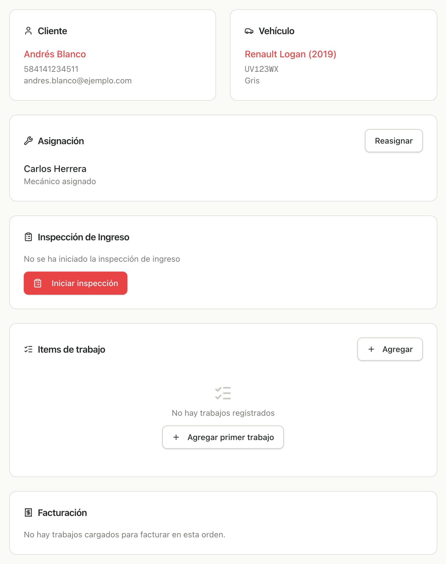 Ficha de la orden recién creada con la lista de trabajos vacía y el botón Agregar primer trabajo