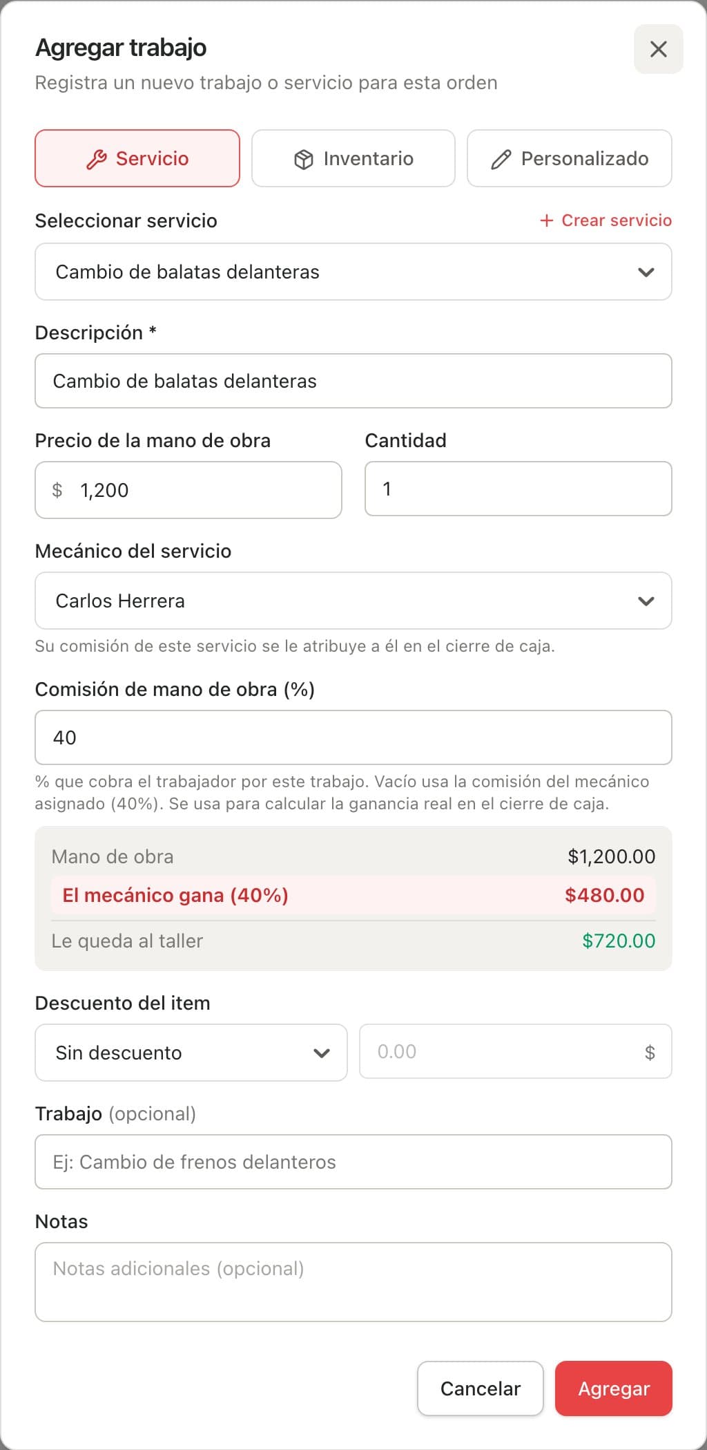 Ventana Agregar trabajo en la pestaña Servicio con el cambio de balatas, su precio y la comisión del mecánico
