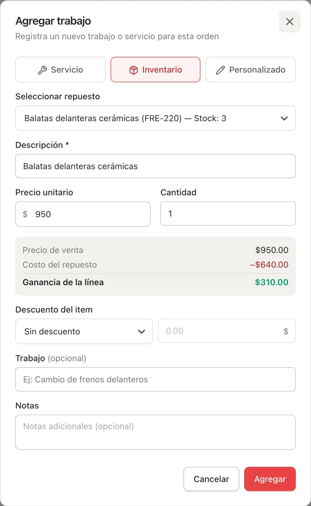 Pestaña Inventario con unas balatas elegidas, su stock, el precio de venta, el costo y la ganancia de la línea
