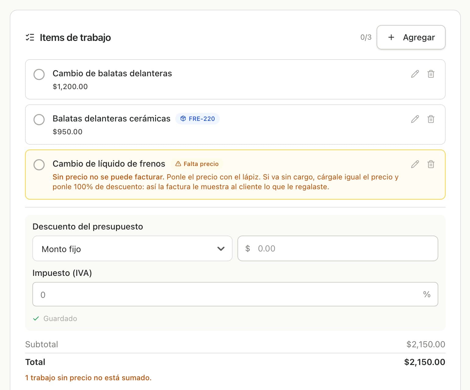 Lista de trabajos con dos líneas con precio y una marcada Falta precio que no se suma al total