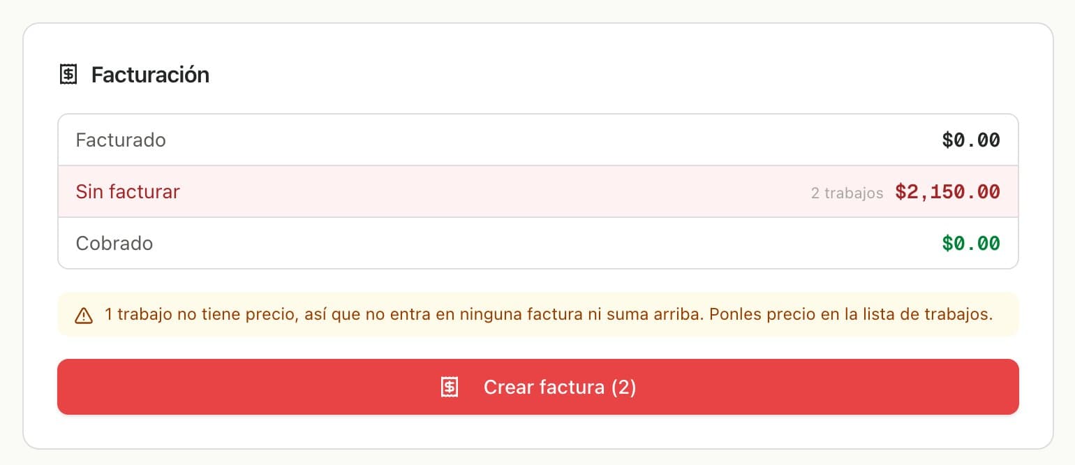 Tarjeta Facturación con dos trabajos sin facturar, el aviso del trabajo sin precio y el botón Crear factura (2)