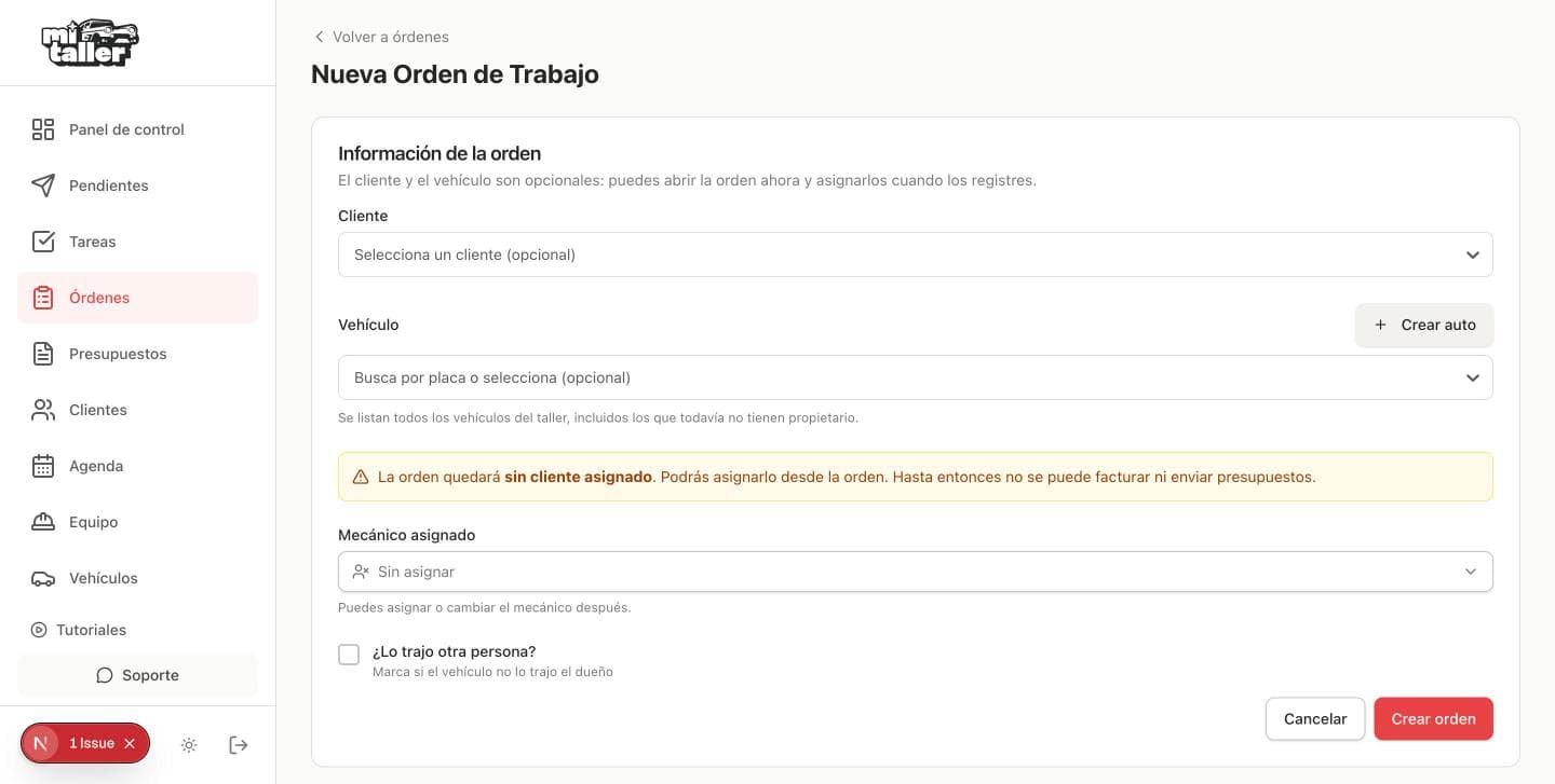Formulario de nueva orden con cliente y vehículo opcionales y el aviso de que quedará sin cliente asignado