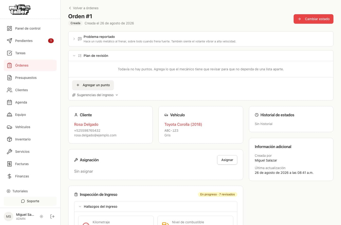Plan de revisión vacío con el botón Agregar un punto