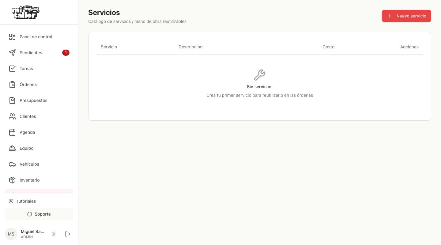 Catálogo de servicios vacío con el botón Nuevo servicio arriba a la derecha