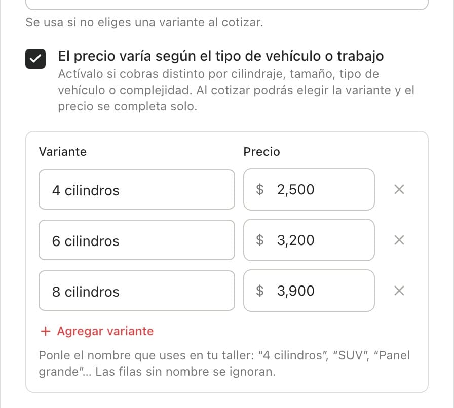 Casilla de precio variable activada con tres variantes por cilindrada y su precio