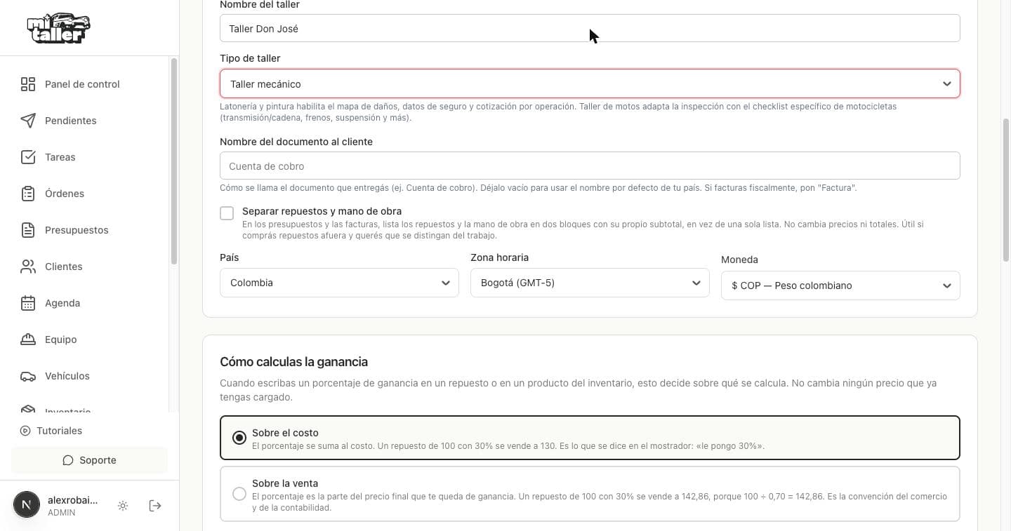 Tipo de taller, país, zona horaria, moneda y cálculo de la ganancia en Configuración